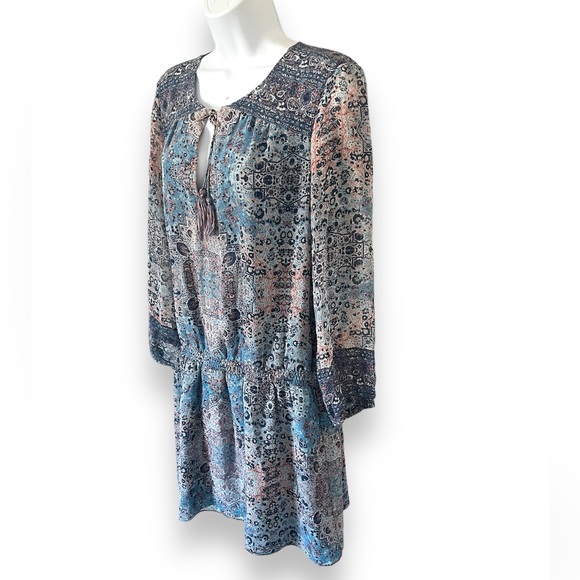Joie Aidee Blue Printed Silk Chiffon Long Sleeve Mini Dress Large - Picture 4 of 9